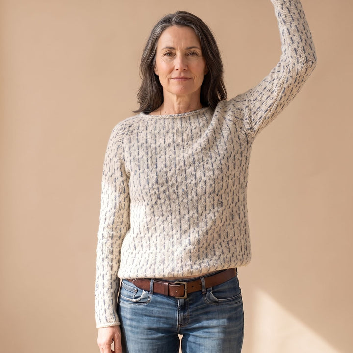 Damen Strick Pullover mit Waffelstruktur Rundhals Relaxed Fit - Hellgrau
