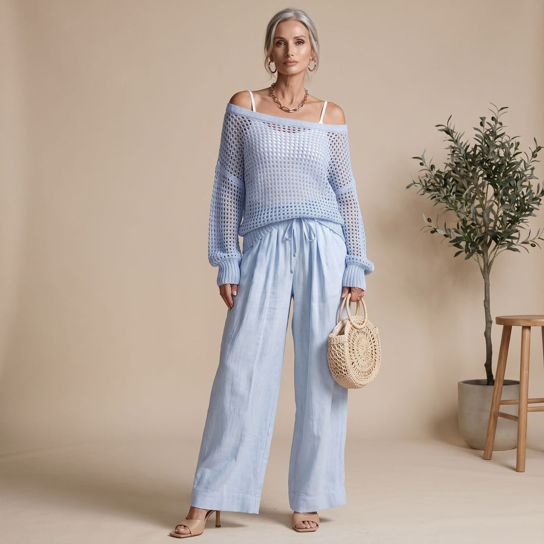 Damen Strick Zweiteiler Off-Shoulder Pullover Weite Hose elegant - Hellblau