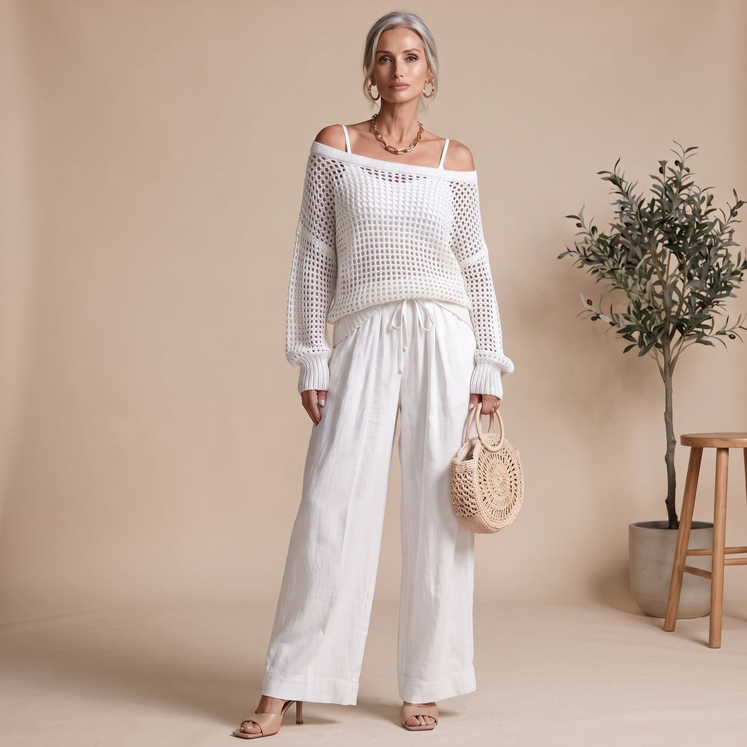 Damen Strick Zweiteiler Off-Shoulder Pullover Weite Hose elegant - Weiß