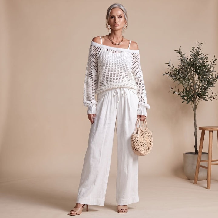 Damen Strick Zweiteiler Off-Shoulder Pullover Weite Hose elegant - Weiß