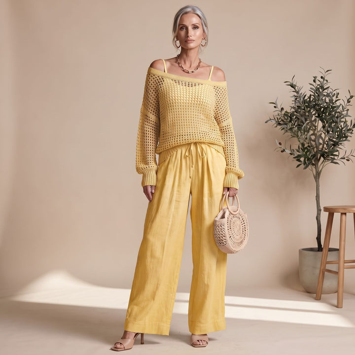 Damen Strick Zweiteiler Off-Shoulder Pullover Weite Hose elegant - Gelb