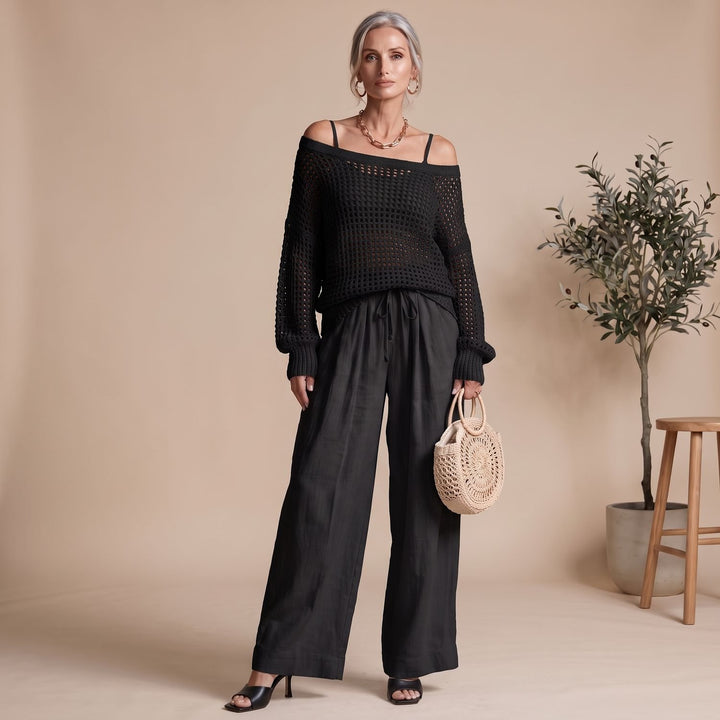 Damen Strick Zweiteiler Off-Shoulder Pullover Weite Hose elegant - Schwarz