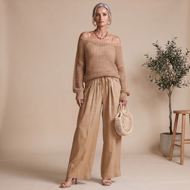 Damen Strick Zweiteiler Off-Shoulder Pullover Weite Hose elegant - Khaki