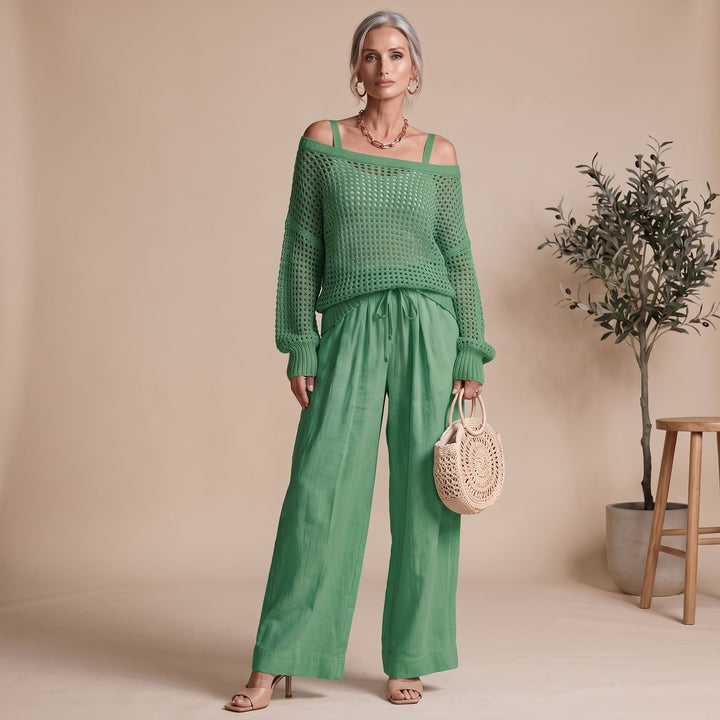 Damen Strick Zweiteiler Off-Shoulder Pullover Weite Hose elegant - Grün