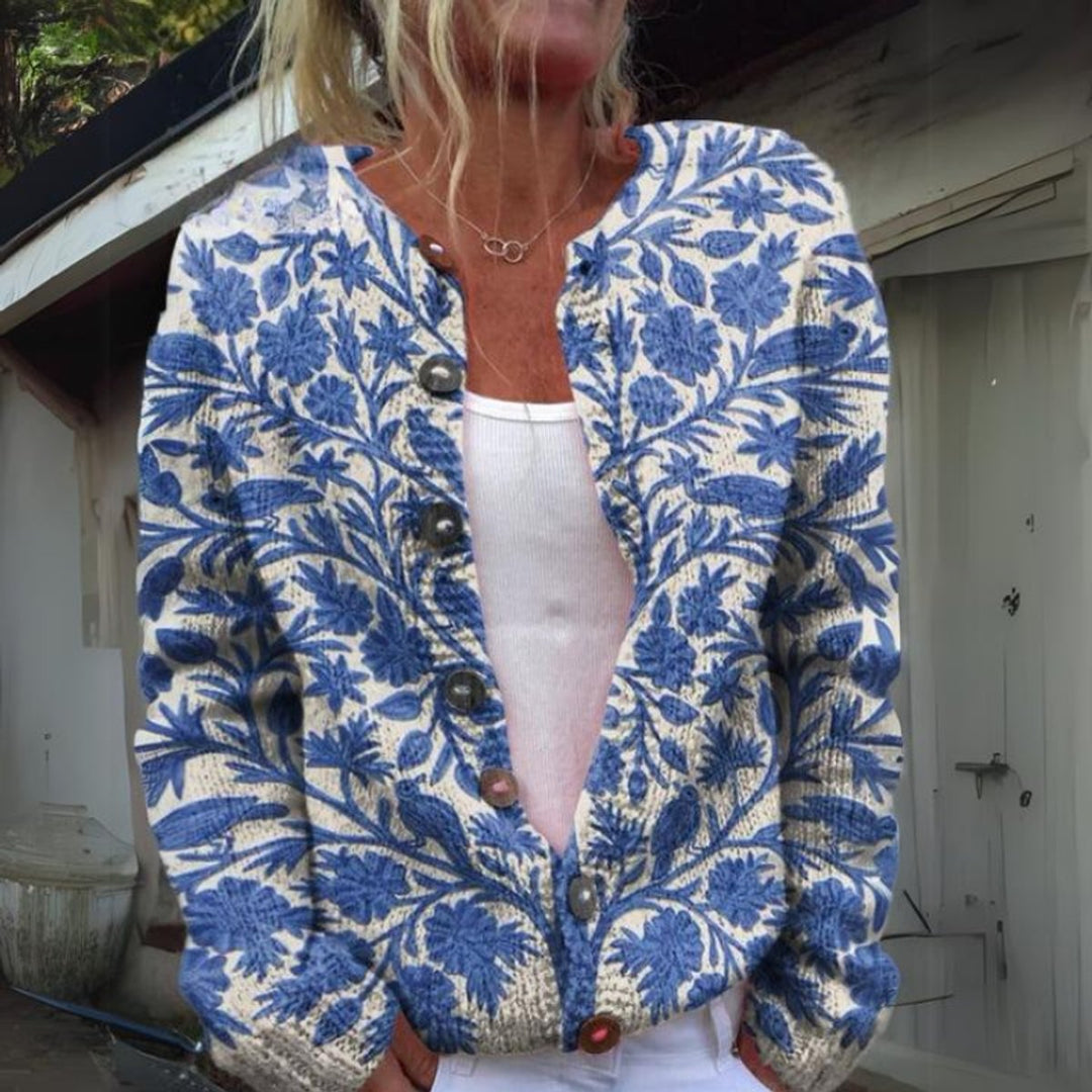 Damen Strickjacke Blumenmuster geknöpfte Puffer Weste - Blau