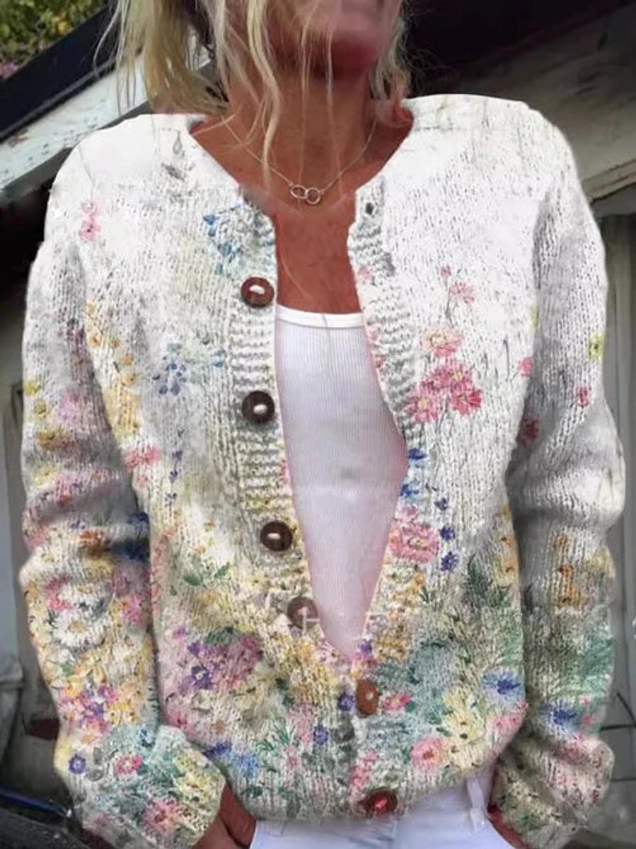 Damen Strickjacke Blumenmuster geknöpfte Puffer Weste - Weiß