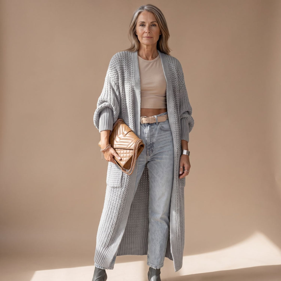 Damen Strickjacke Langer Oversize Cardigan mit Taschen - Grau