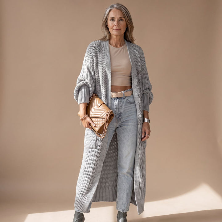 Damen Strickjacke Langer Oversize Cardigan mit Taschen - Grau