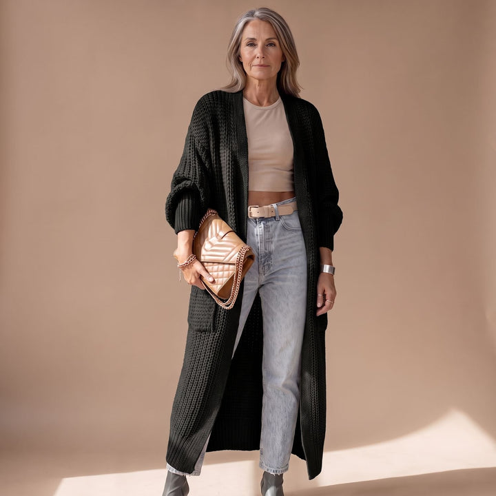 Damen Strickjacke Langer Oversize Cardigan mit Taschen - Schwarz