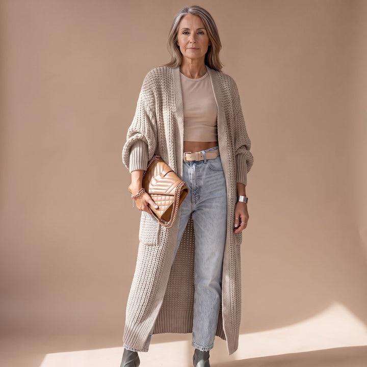 Damen Strickjacke Langer Oversize Cardigan mit Taschen - Khaki
