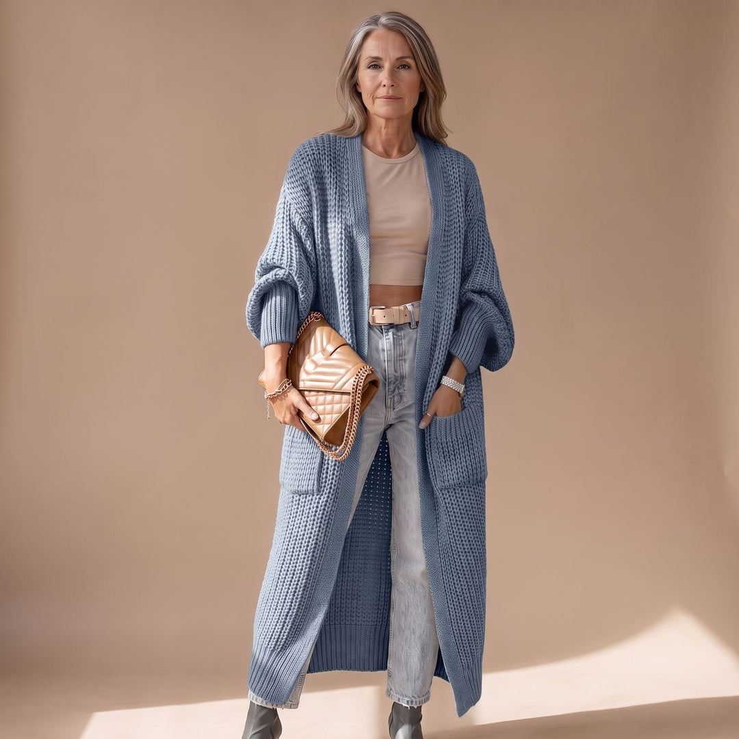 Damen Strickjacke Langer Oversize Cardigan mit Taschen - Blau