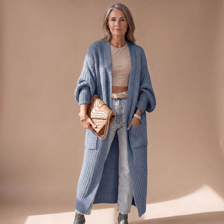 Damen Strickjacke Langer Oversize Cardigan mit Taschen - Blau