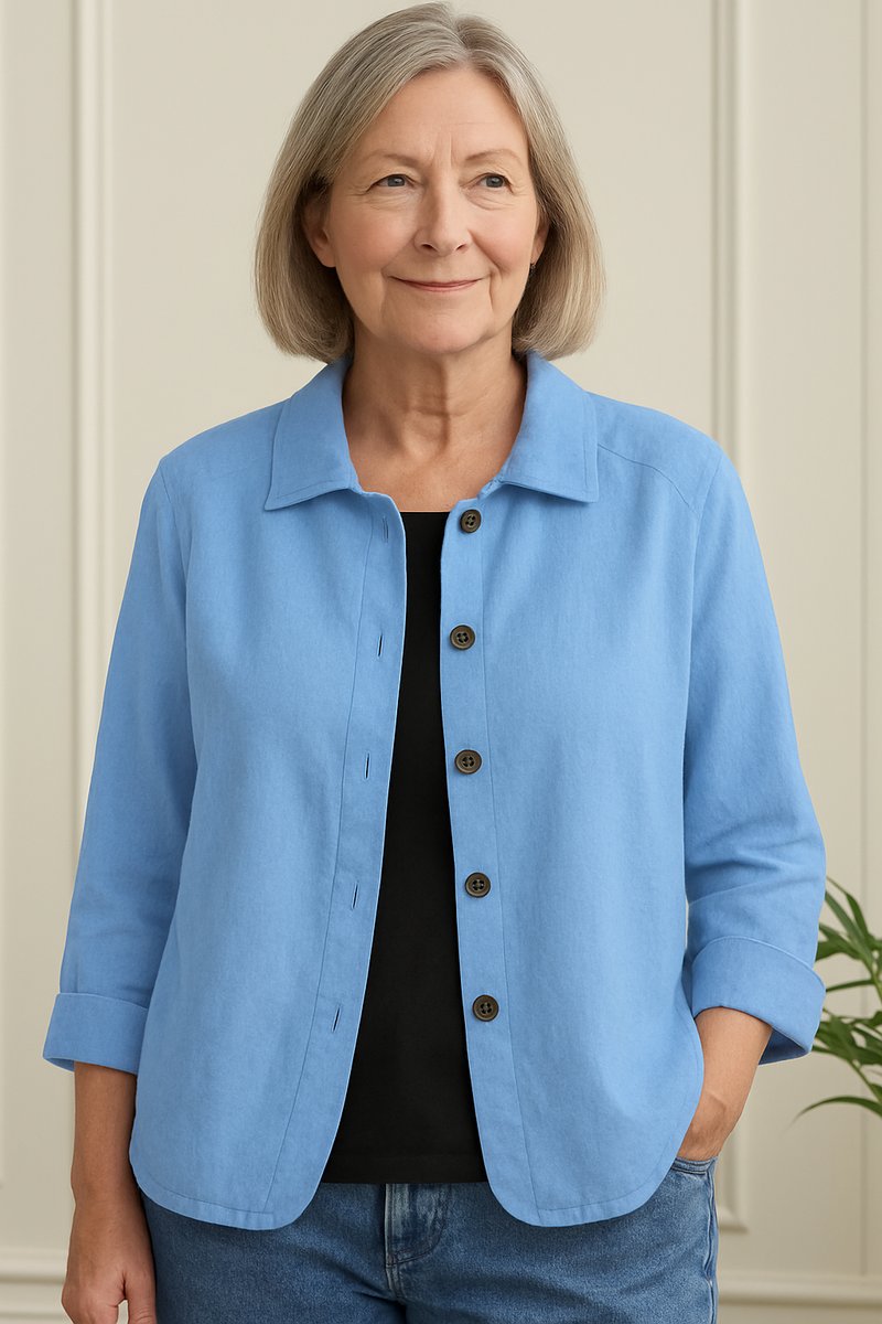 Damen Strickjacke leichte Baumwoll-Leinen Hemd-Cardigan mit Knöpfen