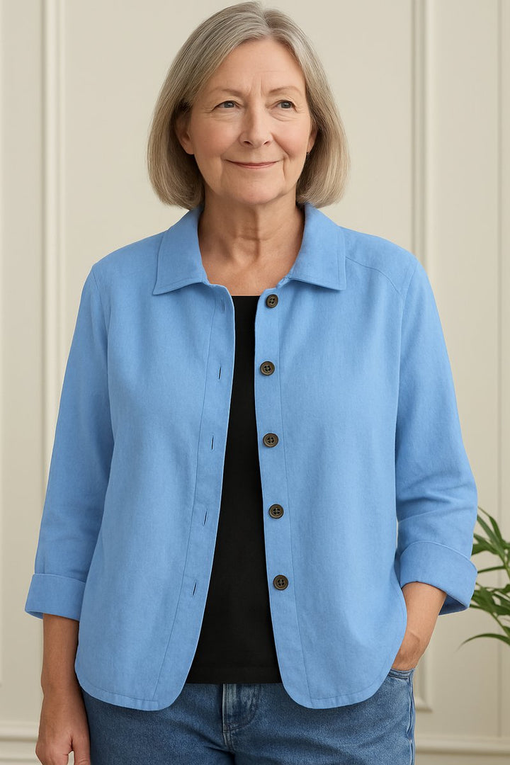 Damen Strickjacke leichte Baumwoll-Leinen Hemd-Cardigan mit Knöpfen