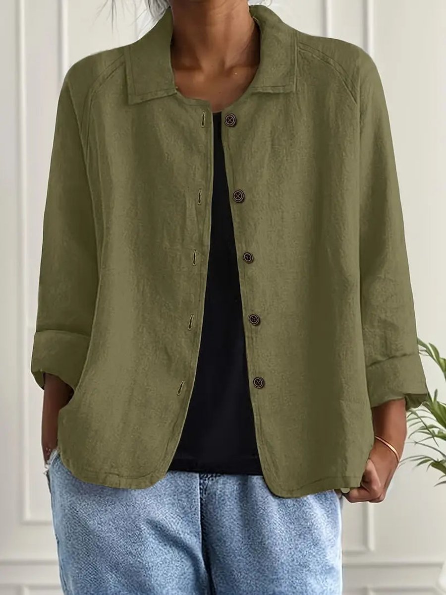 Damen Strickjacke leichte Baumwoll-Leinen Hemd-Cardigan mit Knöpfen - Olivgrün