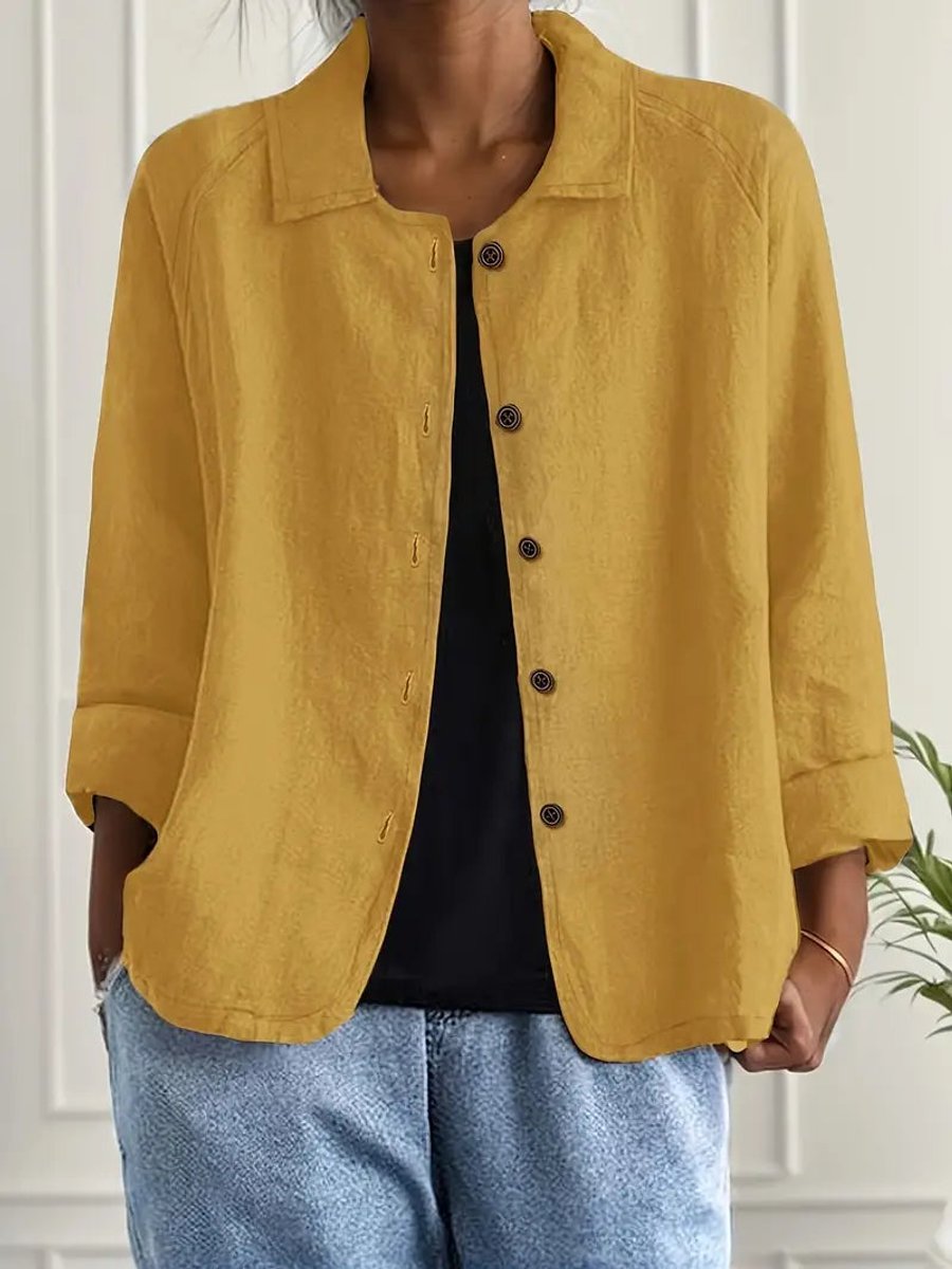 Damen Strickjacke leichte Baumwoll-Leinen Hemd-Cardigan mit Knöpfen - Gelb