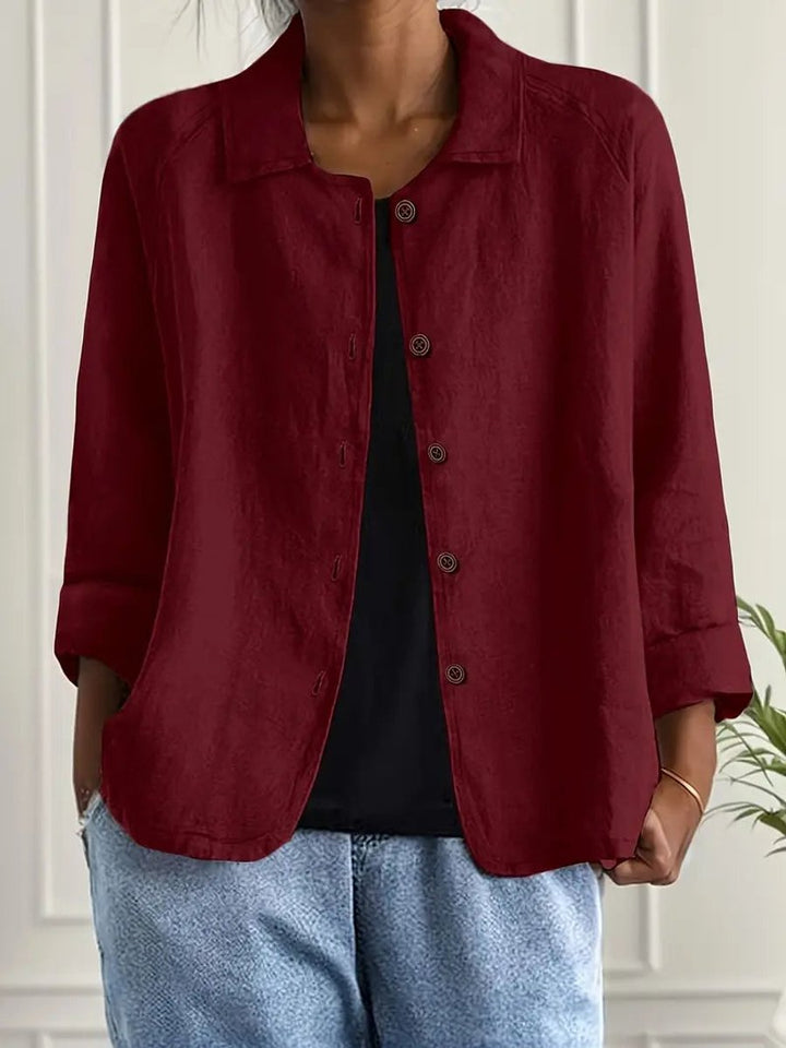 Damen Strickjacke leichte Baumwoll-Leinen Hemd-Cardigan mit Knöpfen - Dunkelrot