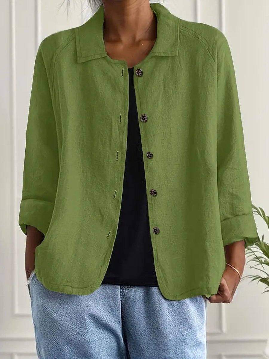 Damen Strickjacke leichte Baumwoll-Leinen Hemd-Cardigan mit Knöpfen - Grün