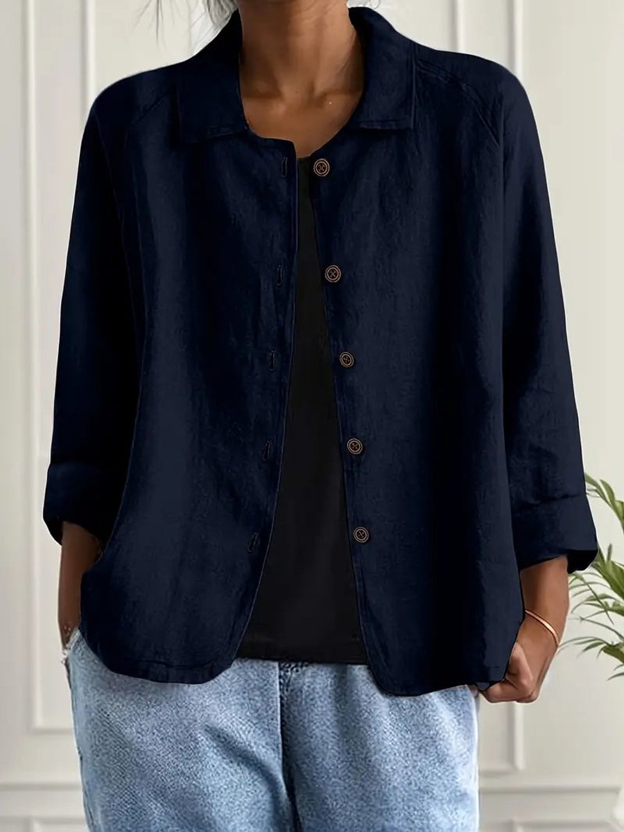 Damen Strickjacke leichte Baumwoll-Leinen Hemd-Cardigan mit Knöpfen - Dunkelblau
