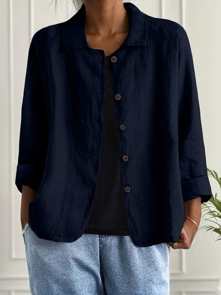 Damen Strickjacke leichte Baumwoll-Leinen Hemd-Cardigan mit Knöpfen - Dunkelblau