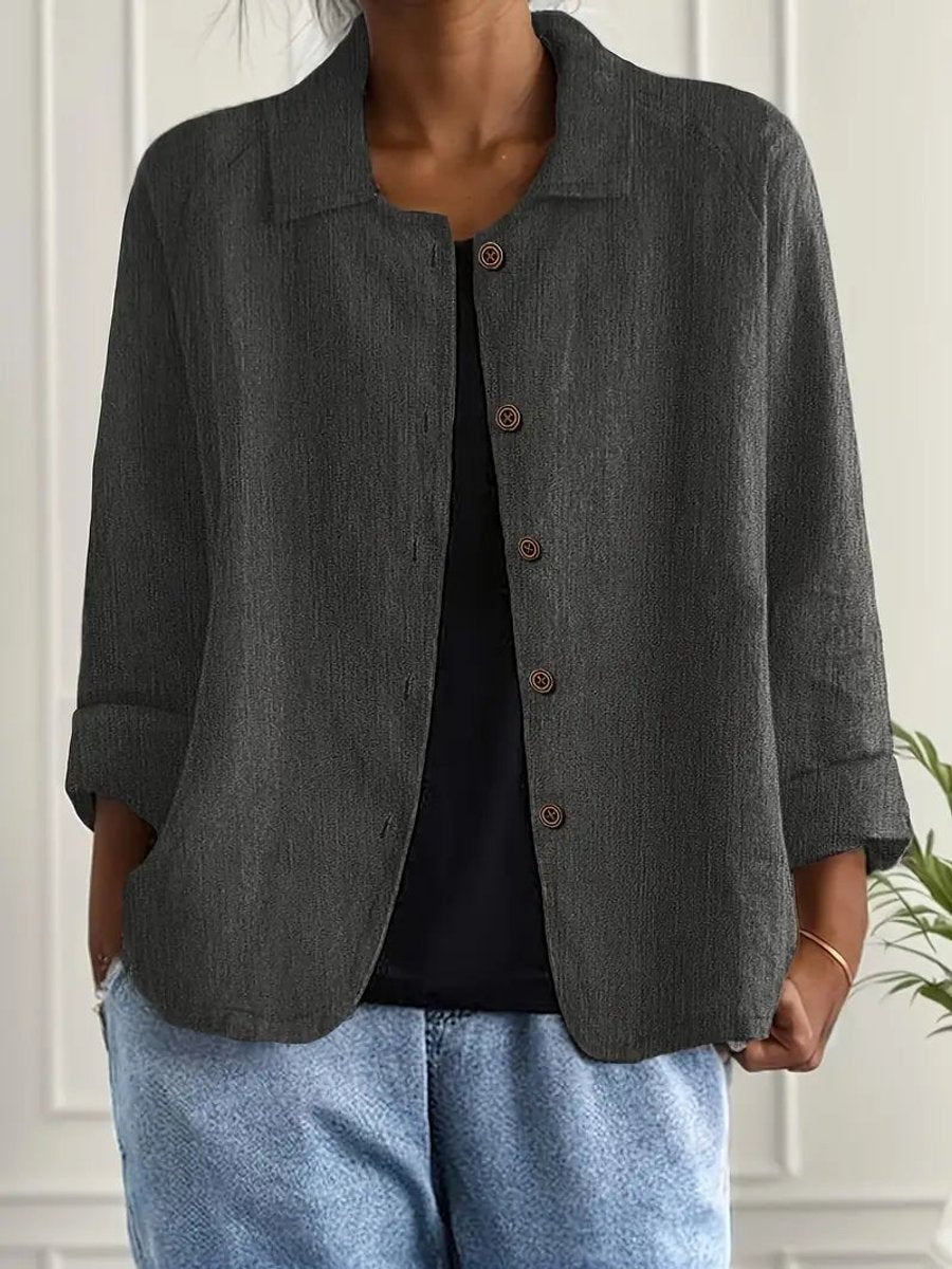 Damen Strickjacke leichte Baumwoll-Leinen Hemd-Cardigan mit Knöpfen - Dunkelgrau