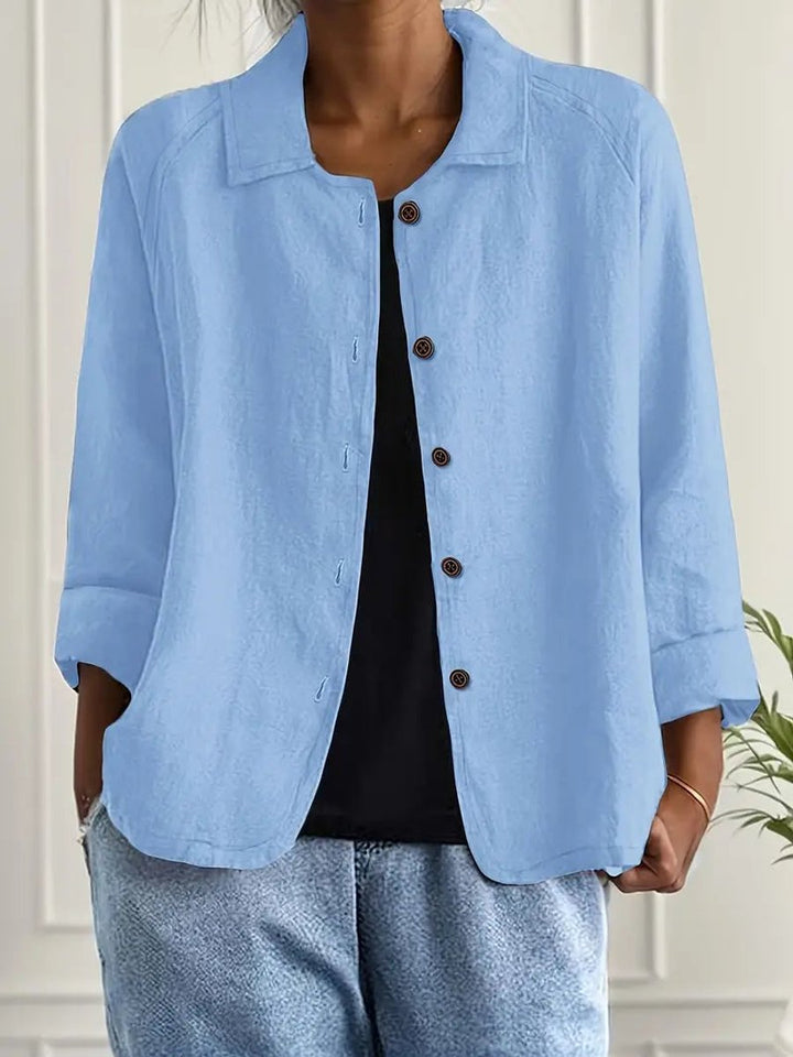 Damen Strickjacke leichte Baumwoll-Leinen Hemd-Cardigan mit Knöpfen - Hellblau