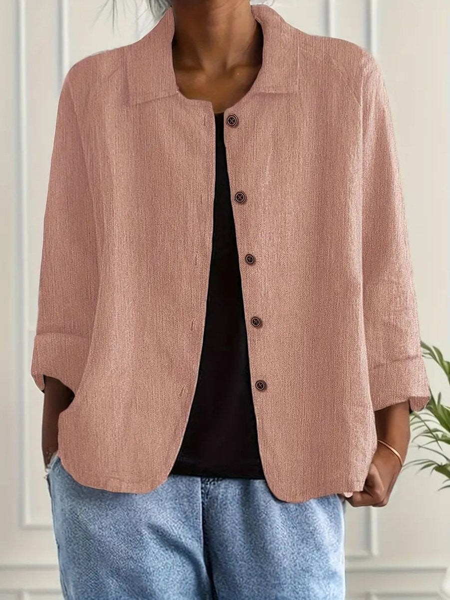 Damen Strickjacke leichte Baumwoll-Leinen Hemd-Cardigan mit Knöpfen - Rosa