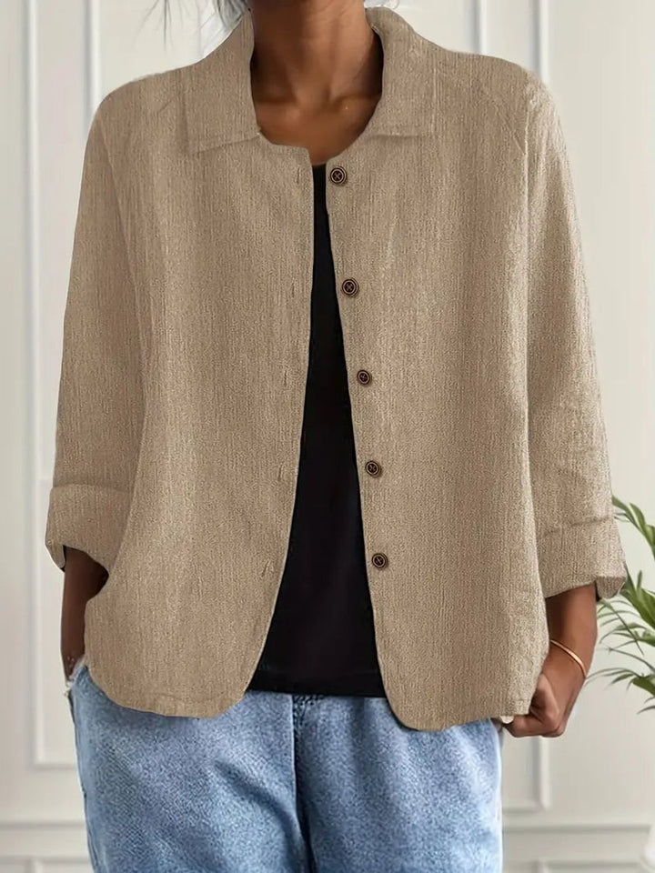 Damen Strickjacke leichte Baumwoll-Leinen Hemd-Cardigan mit Knöpfen - Khaki