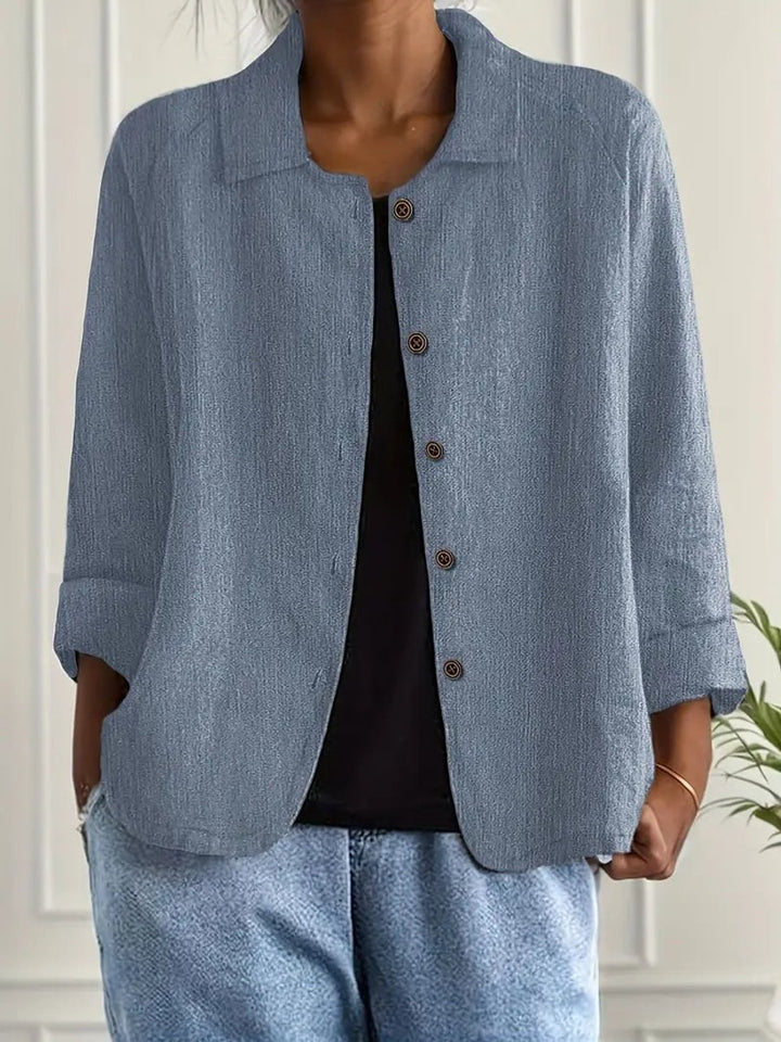 Damen Strickjacke leichte Baumwoll-Leinen Hemd-Cardigan mit Knöpfen - Blau