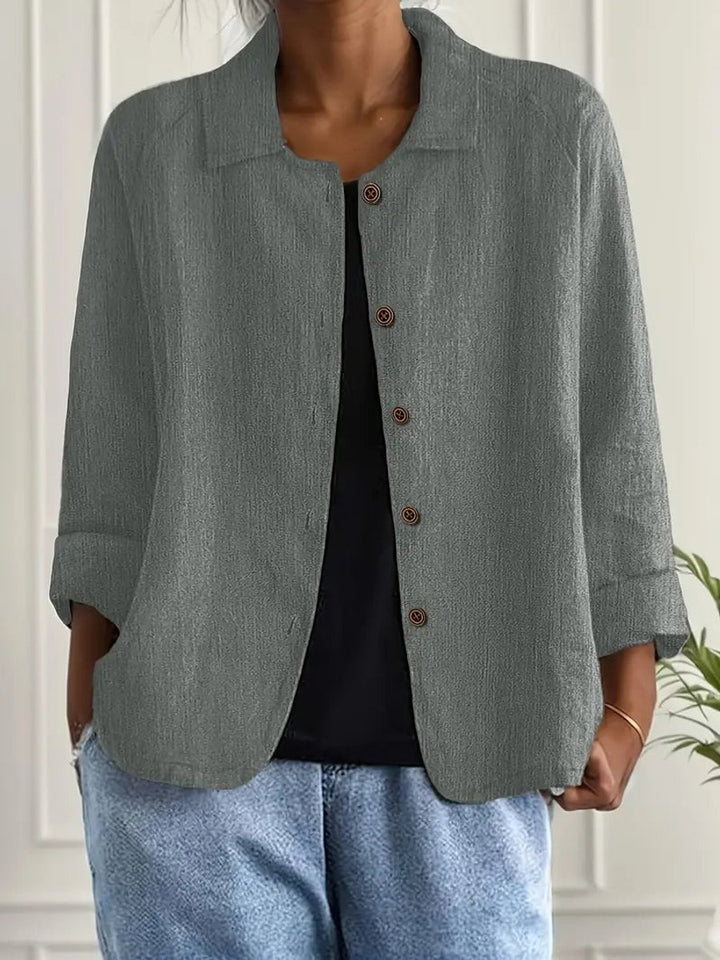 Damen Strickjacke leichte Baumwoll-Leinen Hemd-Cardigan mit Knöpfen - Grau