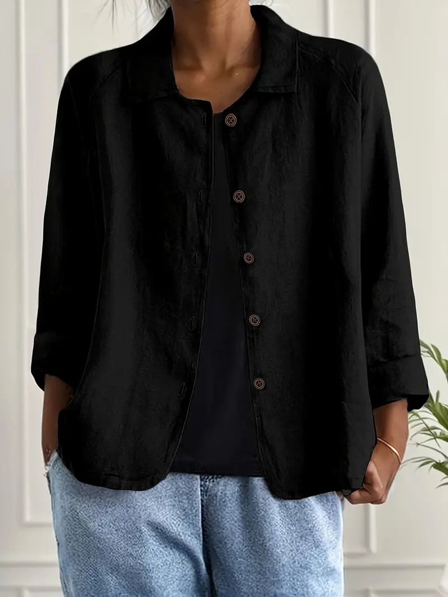Damen Strickjacke leichte Baumwoll-Leinen Hemd-Cardigan mit Knöpfen - Schwarz