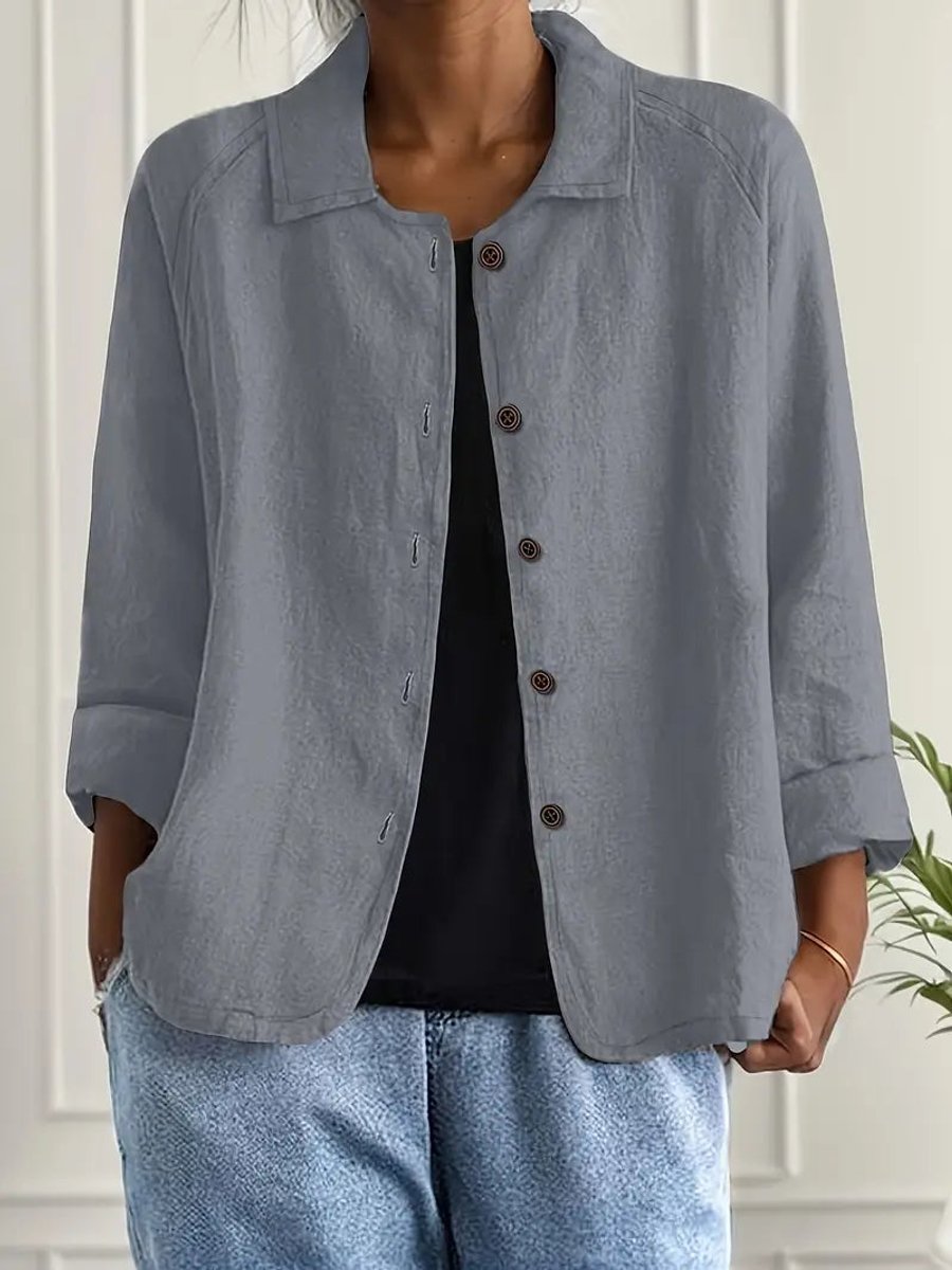 Damen Strickjacke leichte Baumwoll-Leinen Hemd-Cardigan mit Knöpfen - Hellgrau