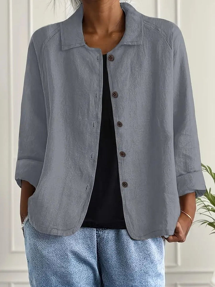 Damen Strickjacke leichte Baumwoll-Leinen Hemd-Cardigan mit Knöpfen - Hellgrau