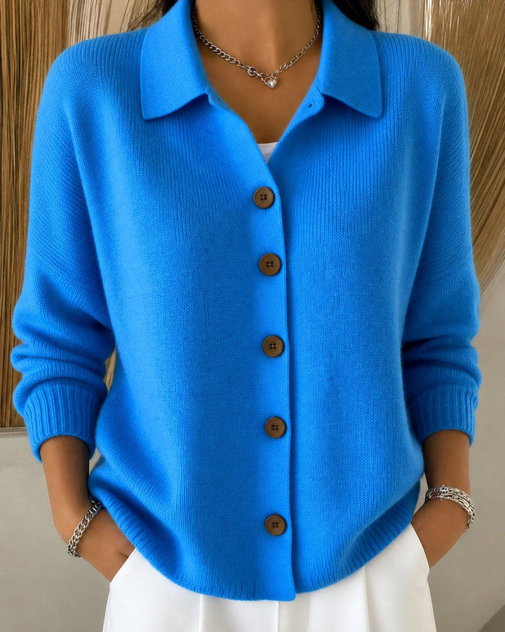 Damen Strickjacke mit Hemdkragen und Knopfleiste Relaxed Fit - Blue