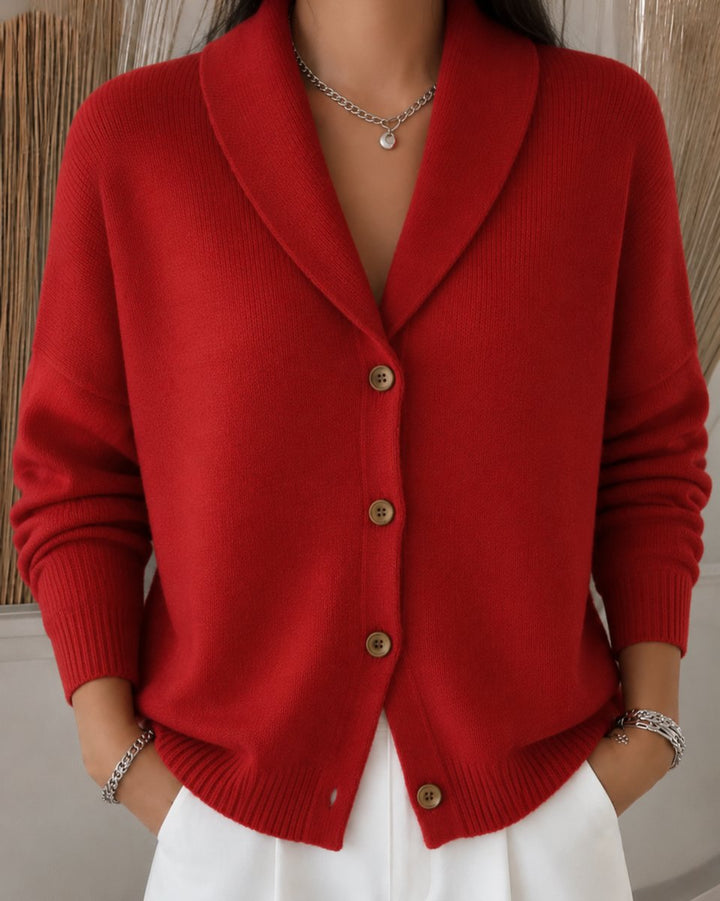 Damen Strickjacke mit Hemdkragen und Knopfleiste Relaxed Fit - Red