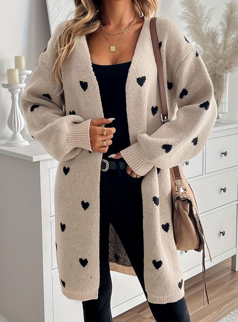 Damen Strickjacke mit Herzchenmuster Offene Front Oversized Cardigan