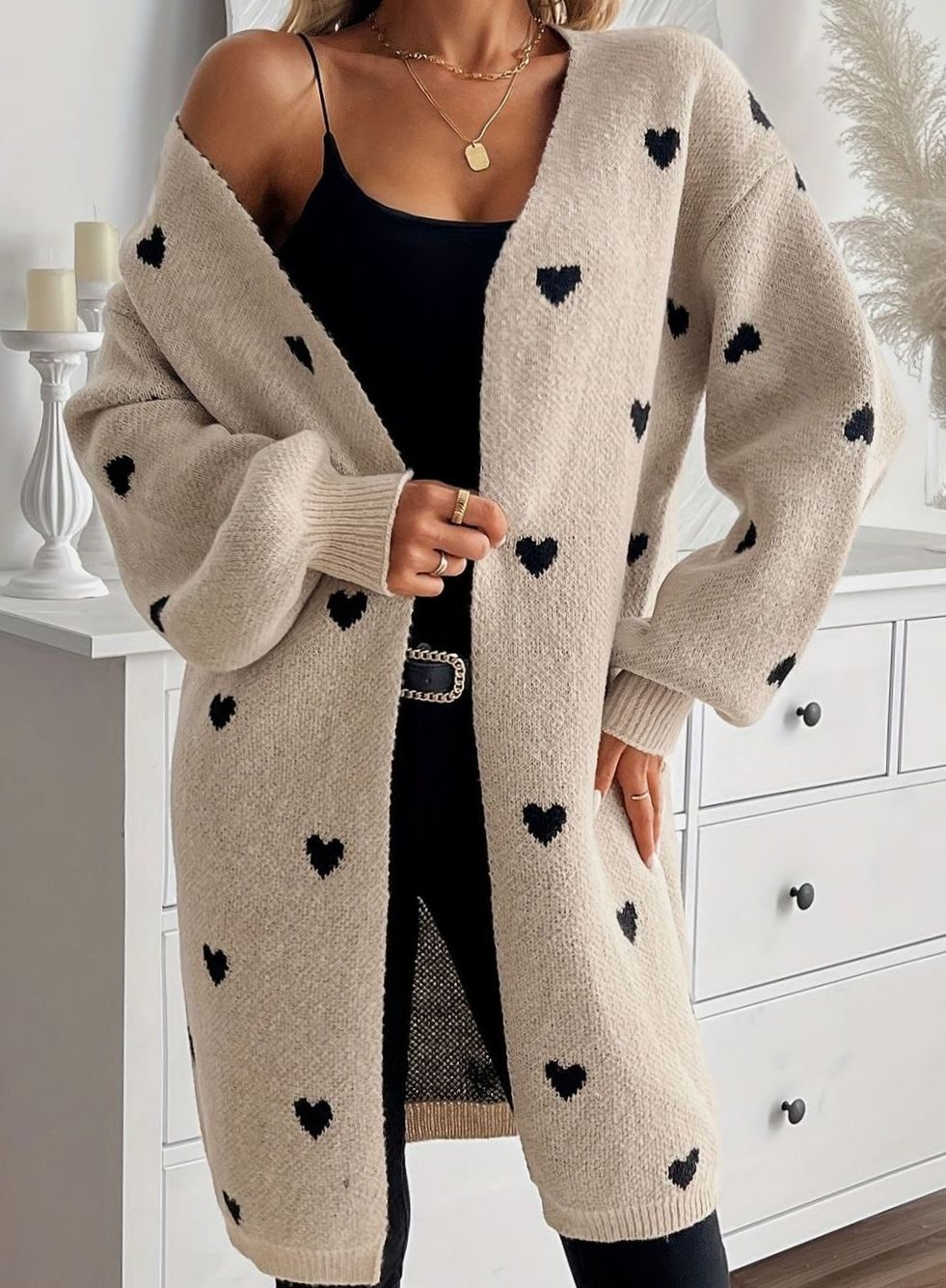 Damen Strickjacke mit Herzchenmuster Offene Front Oversized Cardigan