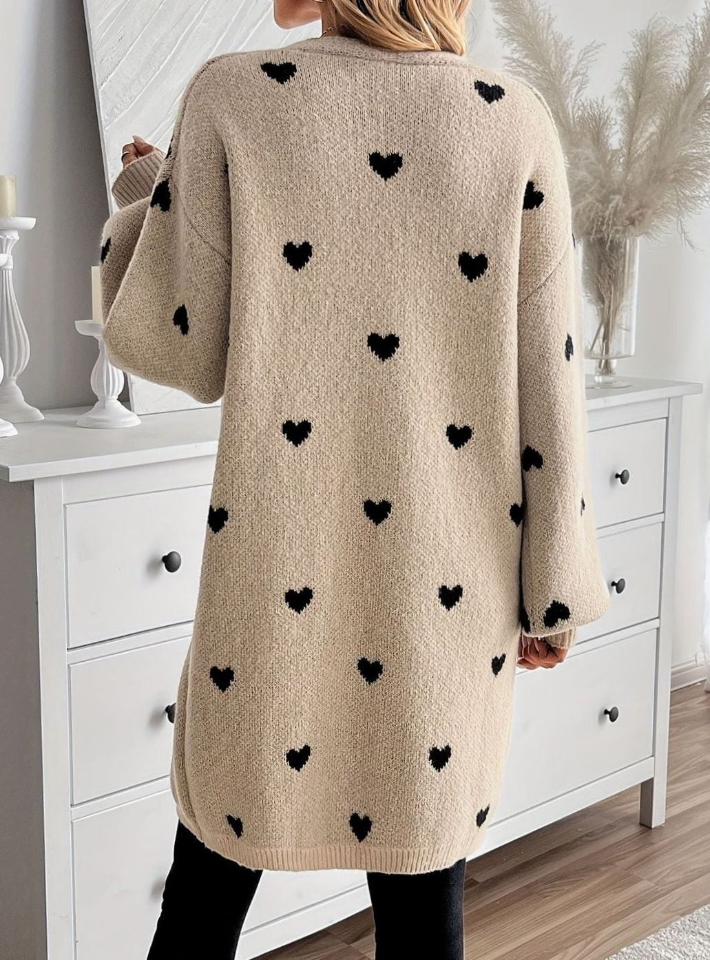 Damen Strickjacke mit Herzchenmuster Offene Front Oversized Cardigan