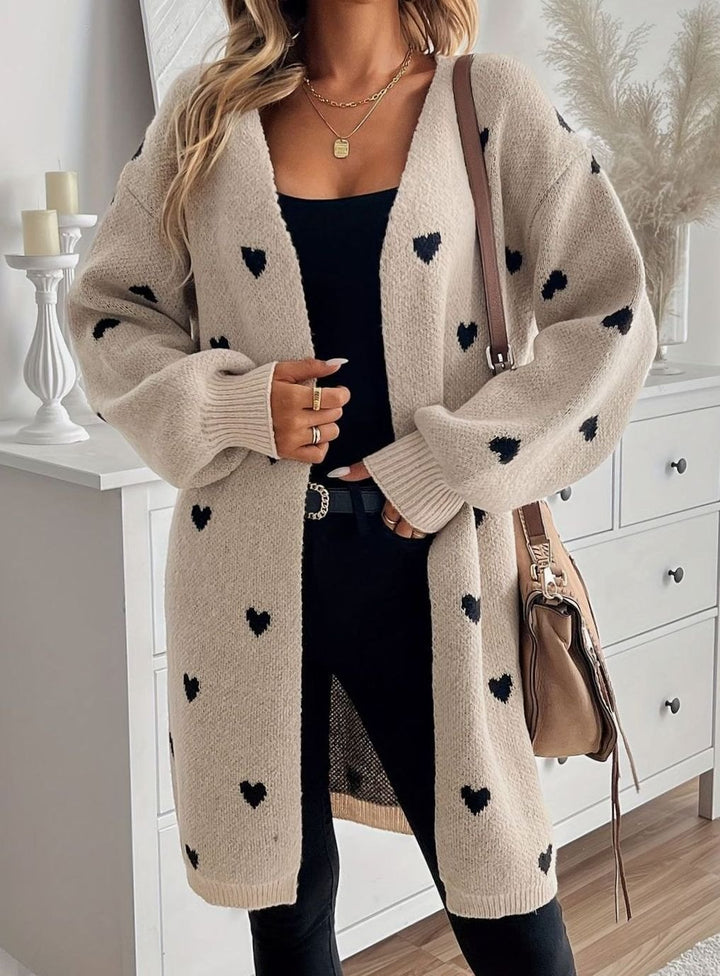 Damen Strickjacke mit Herzchenmuster Offene Front Oversized Cardigan