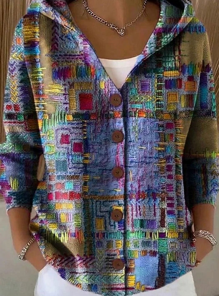 Damen Strickjacke mit Kapuze Buntes Patchwork-Muster Knopfleiste - Lila