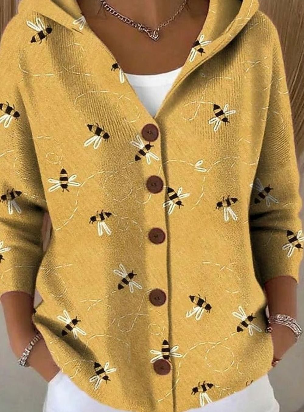 Damen Strickjacke mit Kapuze Buntes Patchwork-Muster Knopfleiste - Gelb