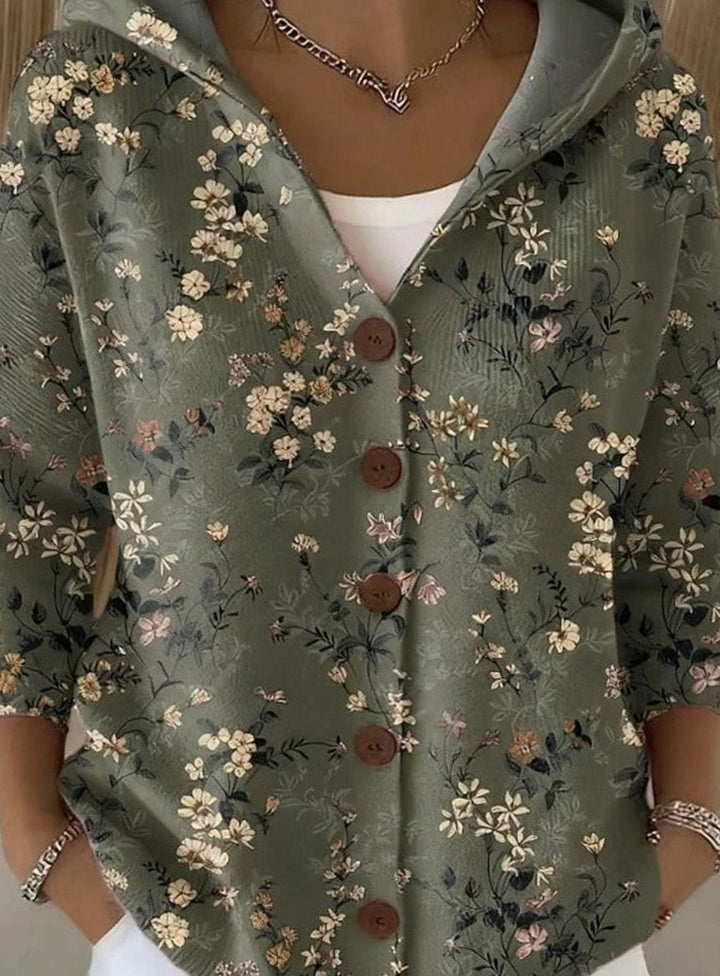 Damen Strickjacke mit Kapuze Buntes Patchwork-Muster Knopfleiste - Dunkelgrün