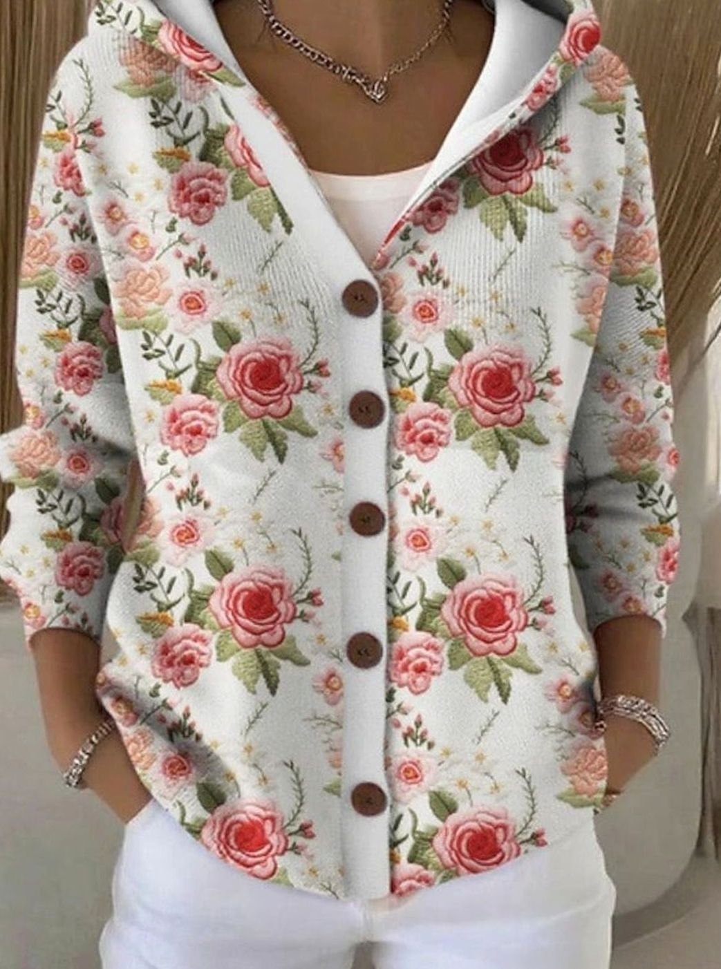 Damen Strickjacke mit Kapuze Buntes Patchwork-Muster Knopfleiste - Zartes Rosa