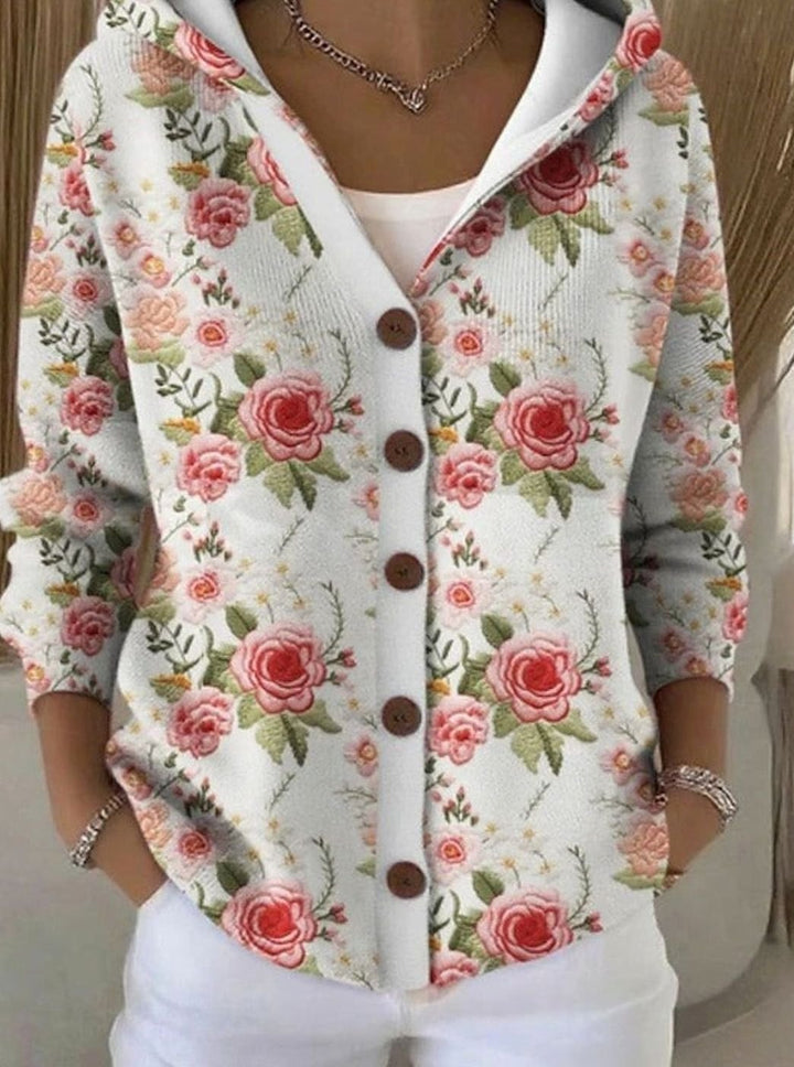 Damen Strickjacke mit Kapuze Buntes Patchwork-Muster Knopfleiste - Zartes Rosa