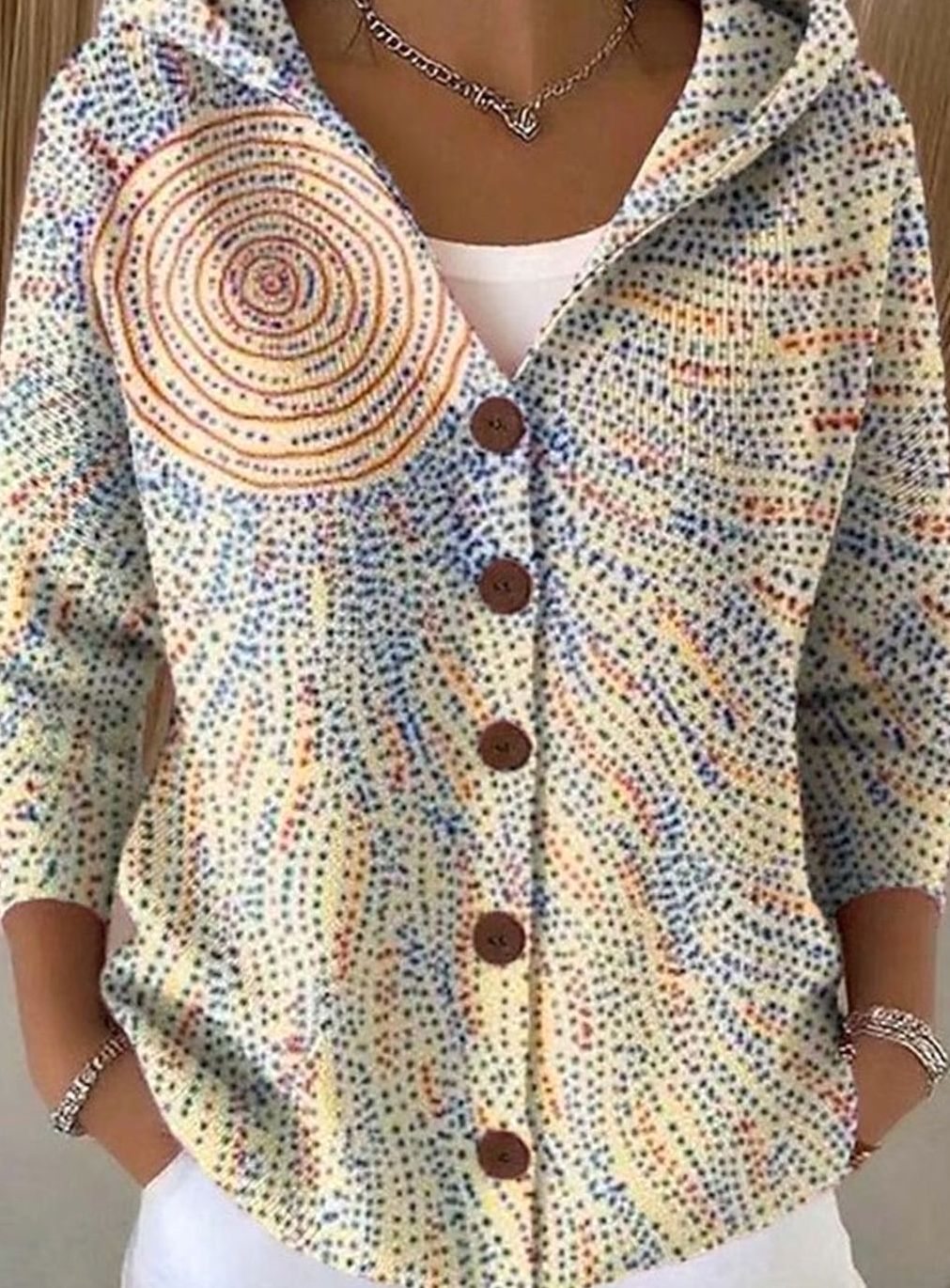Damen Strickjacke mit Kapuze Buntes Patchwork-Muster Knopfleiste - Hellgelb