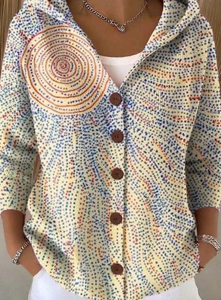 Damen Strickjacke mit Kapuze Buntes Patchwork-Muster Knopfleiste - Hellgelb