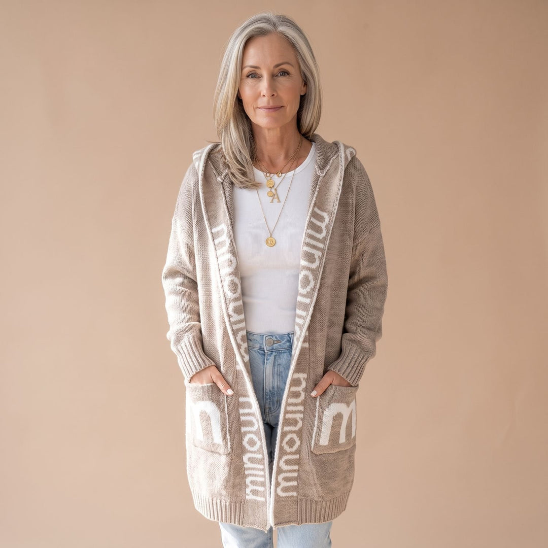 Damen Strickjacke mit Kapuze Offener Front Buchstaben-Print Lang - Braun