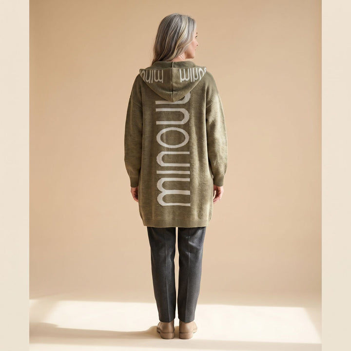 Damen Strickjacke mit Kapuze Offener Front Buchstaben-Print Lang