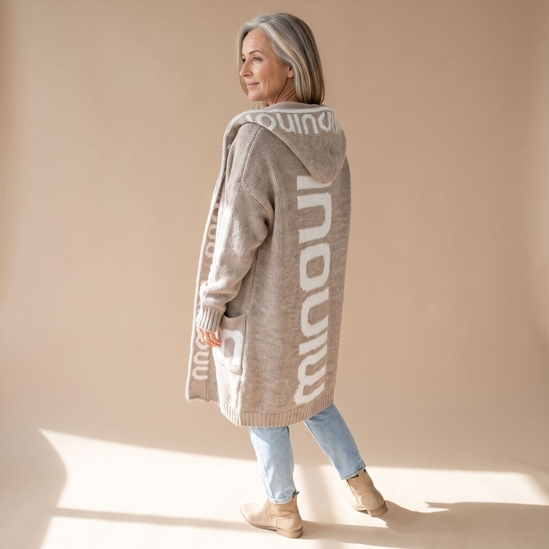 Damen Strickjacke mit Kapuze Offener Front Buchstaben-Print Lang - Beige