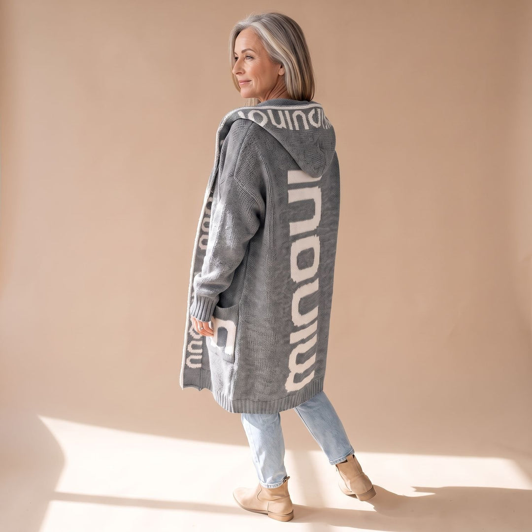 Damen Strickjacke mit Kapuze Offener Front Buchstaben-Print Lang - Grau